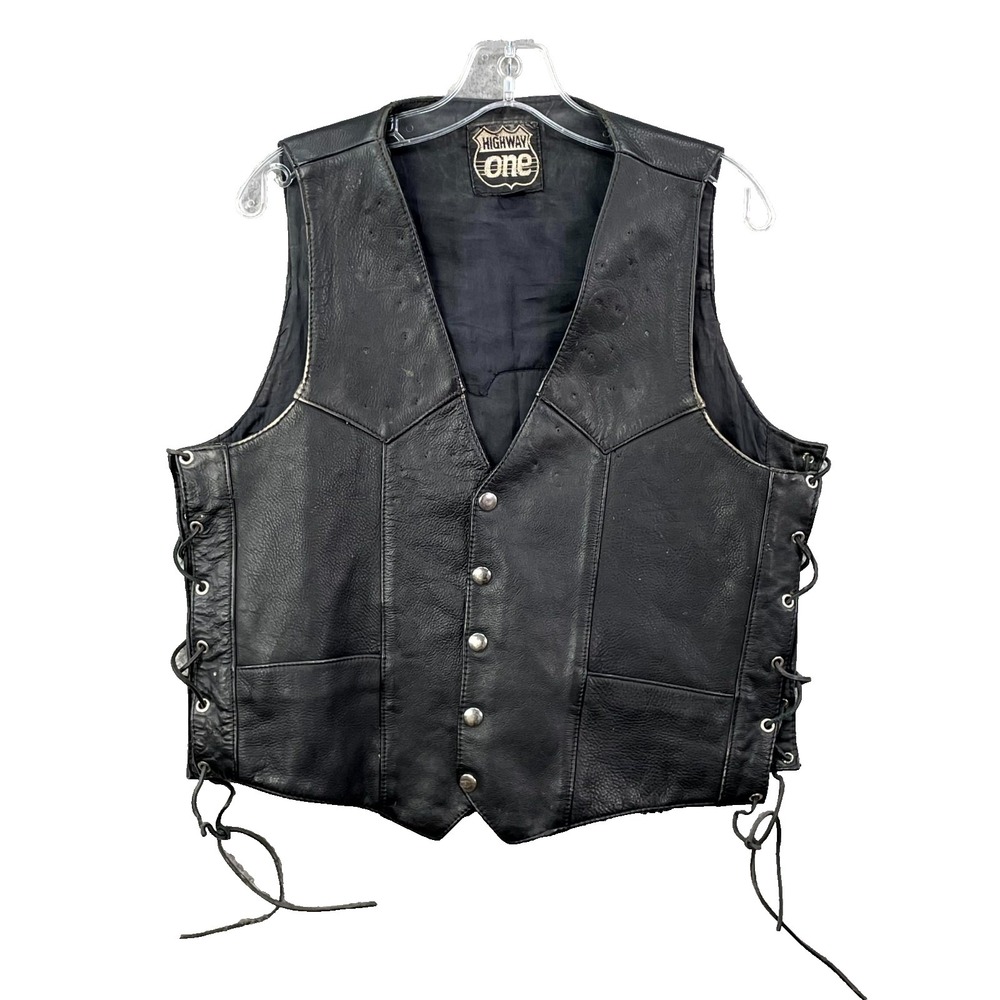 Vintage Highway One Biker Vest Men Medium Leather Harley Davidson Eagle USA Moto